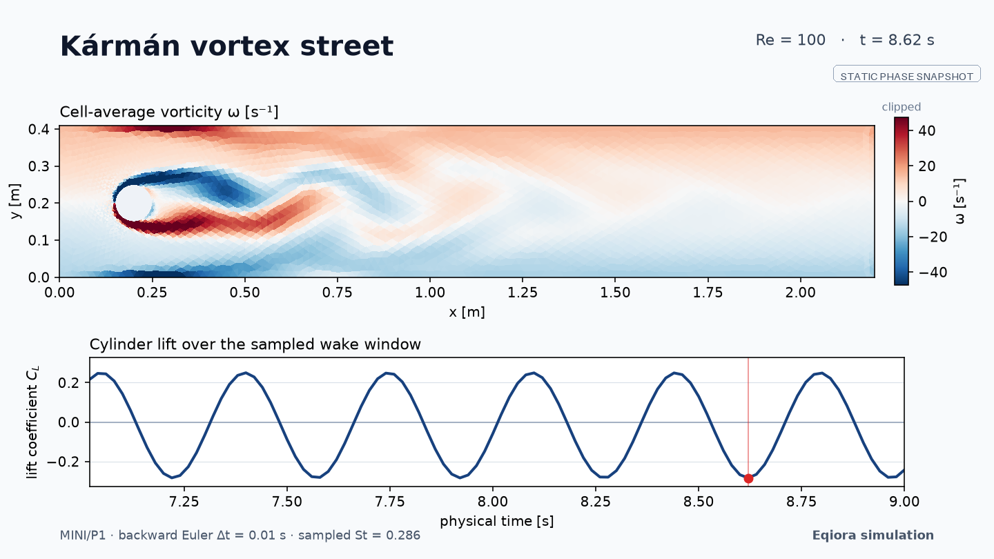 One state showing alternating cell-average vorticity downstream of the cylinder.